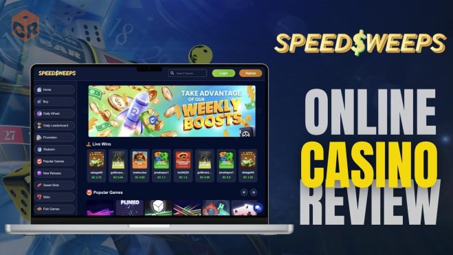 Speedsweeps online casino review, written beside a screenshot of the homepage on a laptop screen mockup.
