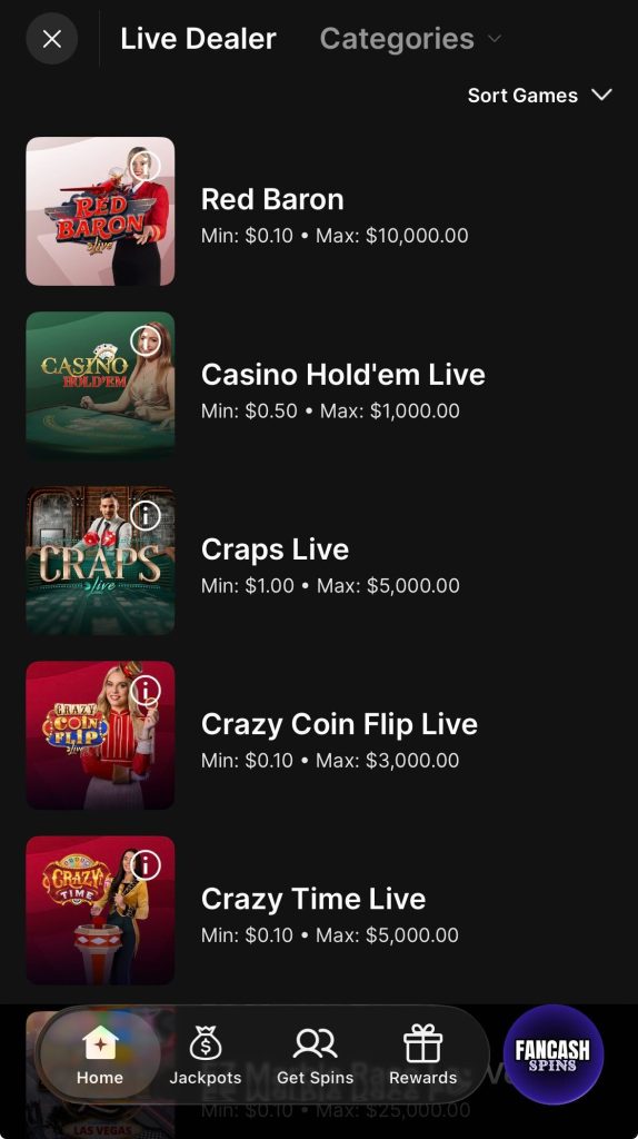 Fanatics Casino app home screen screenshot