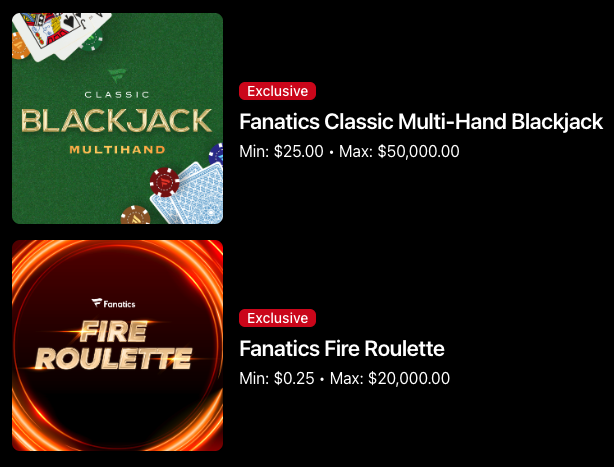 Fanatics Casino table game titles