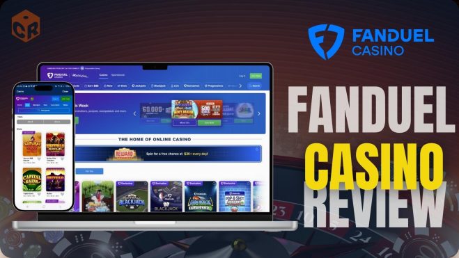 Fanduel Casino review written beside screenshots of the homepage on mobile phone and laptop mockups.
