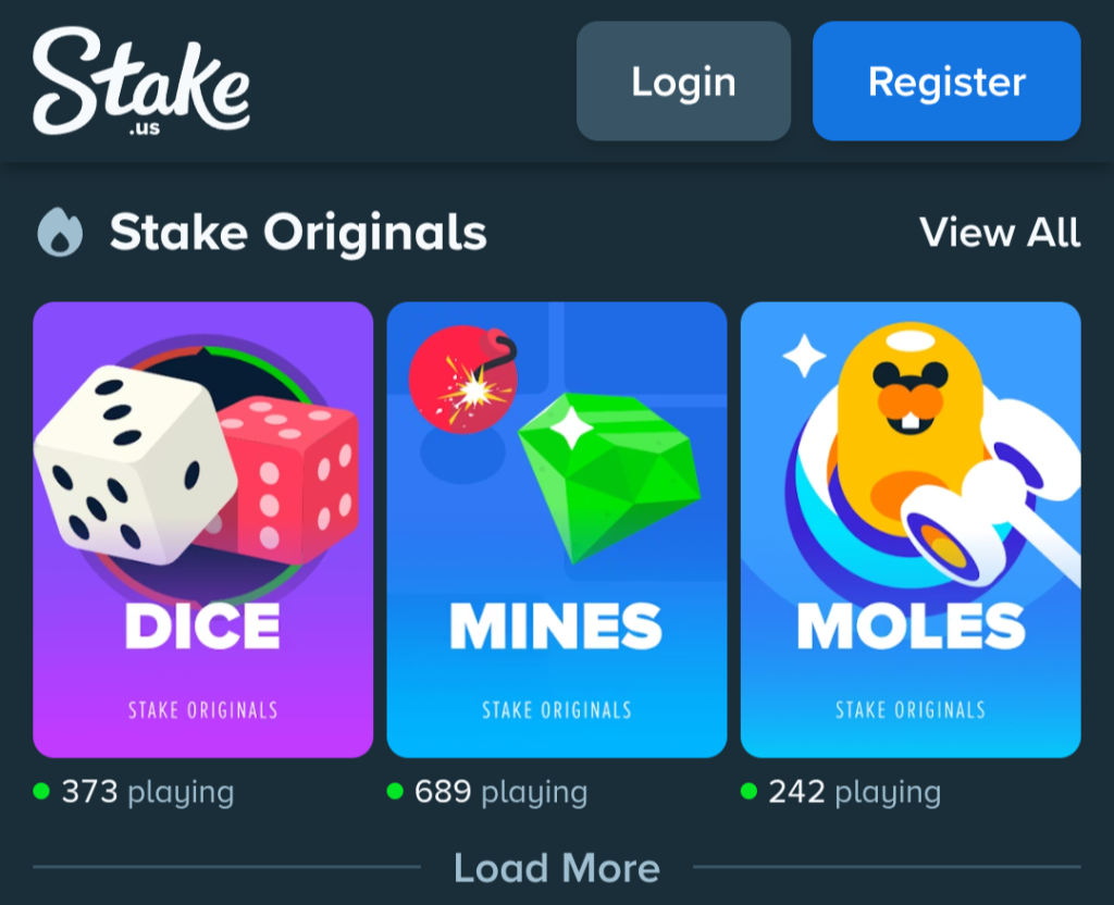 Stake.us casino lobby showing game categories and featured Stake Originals