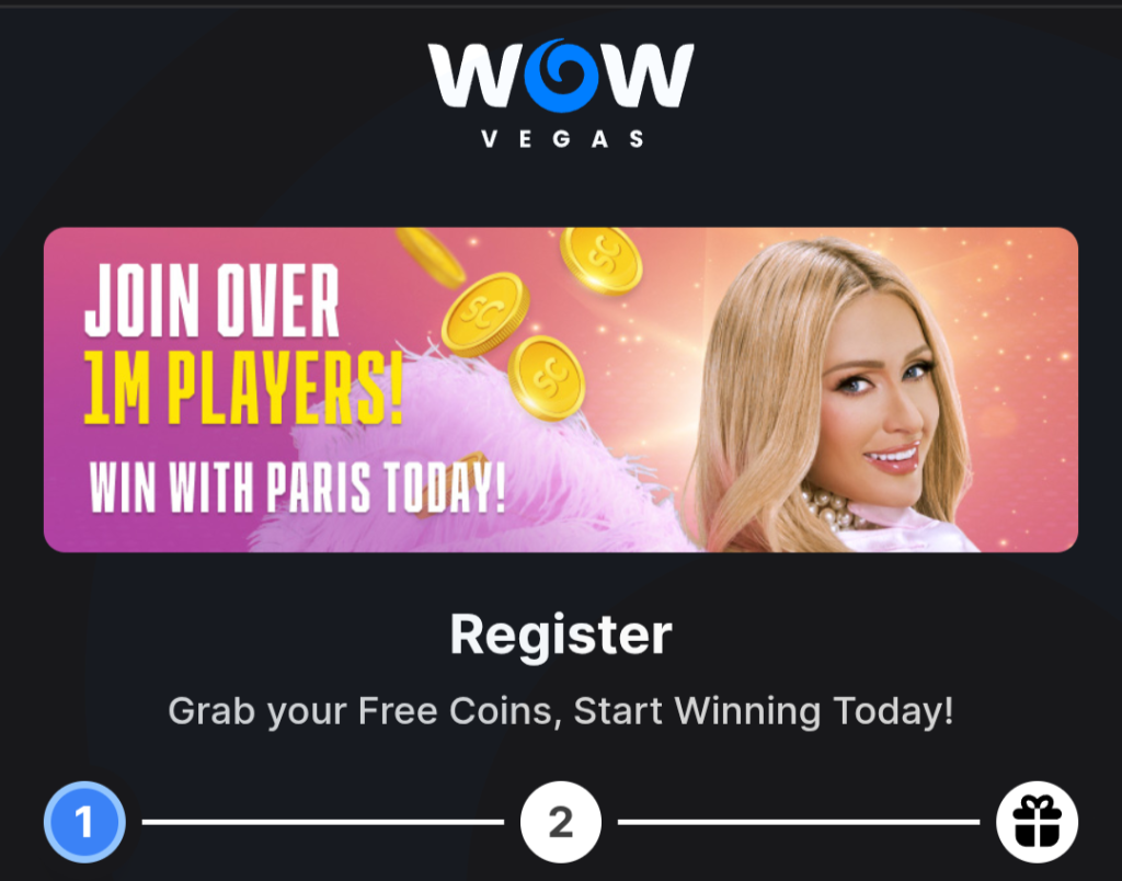 WOW Vegas slots lobby with featured game tiles on mobile browser