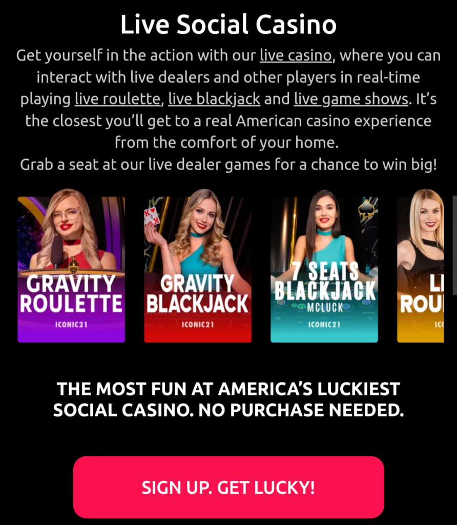 McLuck native app home screen showing live dealer and slot categories