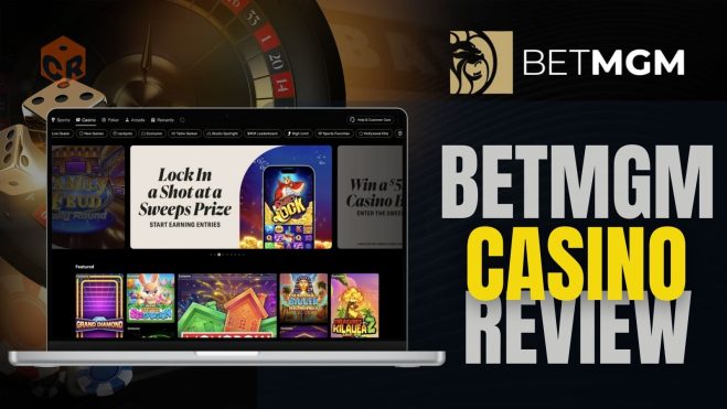 BetMGM casino review written beside a screenshot of the homepage on a desktop mockup.
