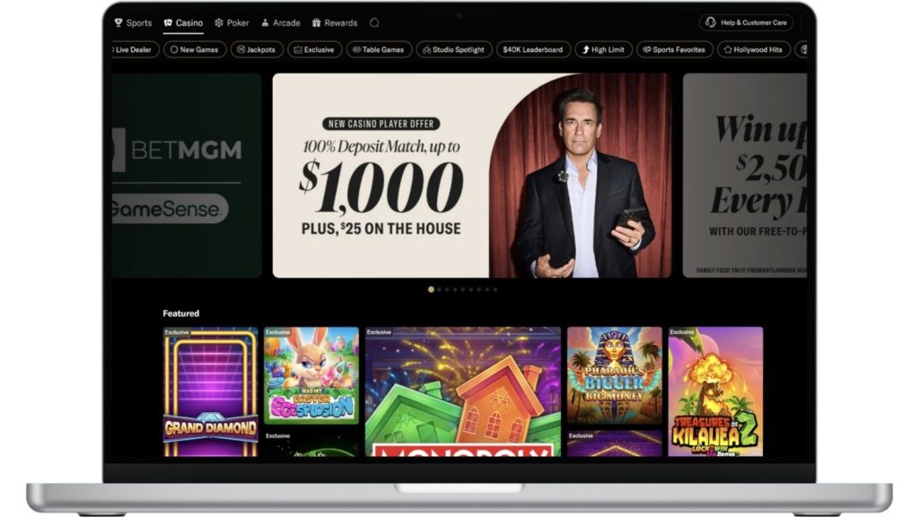 A screenshot of the BetMGM casino home page on a desktop mockup.