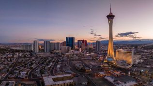 Panoramic aerial view of the Las Vegas Strip. Stretch of South Las Vegas Boulevard in Nevada that is known for its concentration of hotels and casinos.