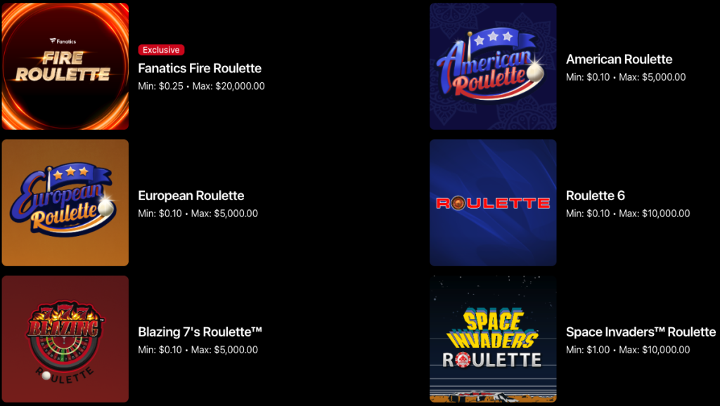 Fanatics Casino roulette games